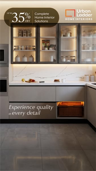 This image ad for Urban Ladder showcases a kitchen with modern grey cabinetry. The ad highlights a discount of up to 35%