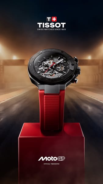 This image ad showcases a Tissot watch, emphasizing its connection to the Moto GP and highlighting its design and crafts