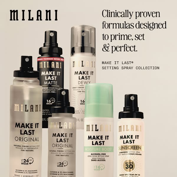 This ad promotes Milani's Make It Last Setting Spray Collection, showcasing multiple products in the line with a foc