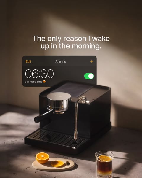 This ad highlights a sleek espresso machine and a refreshing beverage, emphasizing the delightful morning ritual it faci
