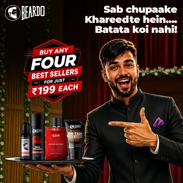 This image ad from Beardo features a model promoting the sale of any four of the brand's best selling products for ₹