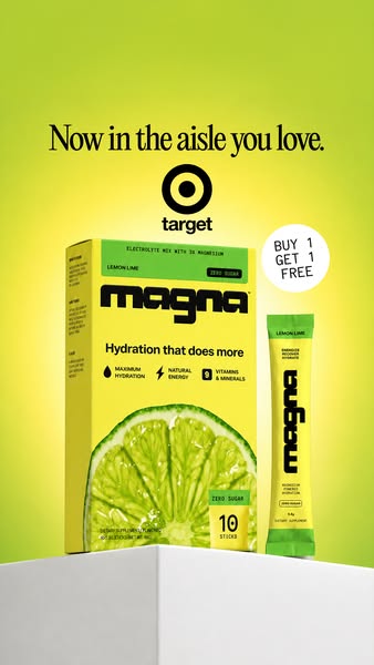This is a still image ad for Magna electrolyte mix. It features the brand's lemon lime flavor in both a box and sing