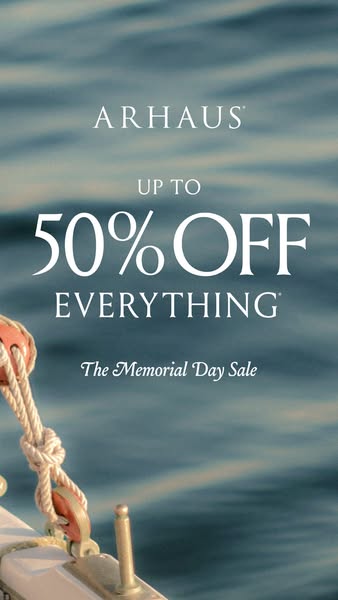 This image ad for Arhaus promotes a Memorial Day sale offering up to 50% off everything.