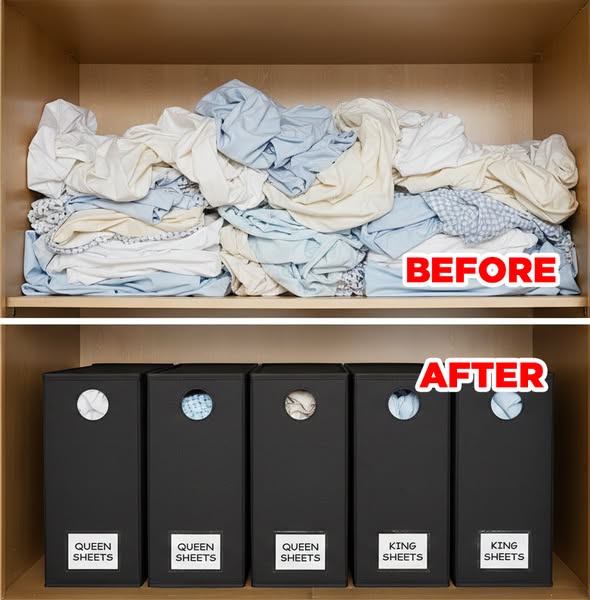 The ad shows an organized linen closet as a means of introducing sheet organizers. The top section of the image shows a 
