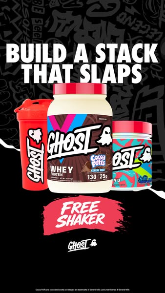 This ad showcases a stack of Ghost brand supplements, featuring their whey protein in a Cocoa Puffs flavor, a Ghost bran