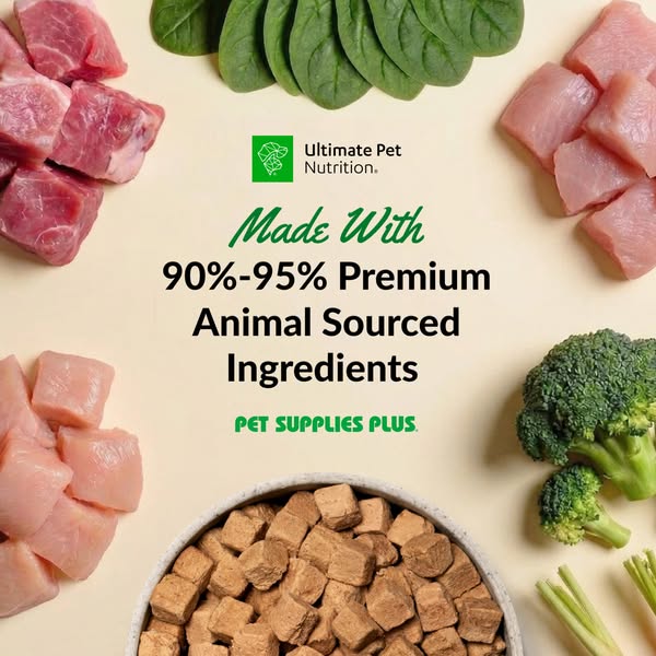 This image ad for Ultimate Pet Nutrition promotes pet food made with 90%-95% premium animal-sourced ingredients. The ad 