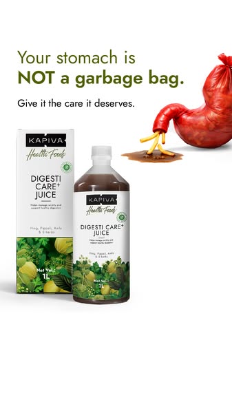 This image ad for Kapiva Health Foods features a visual juxtaposition between a stomach as a garbage bag and Kapiva'