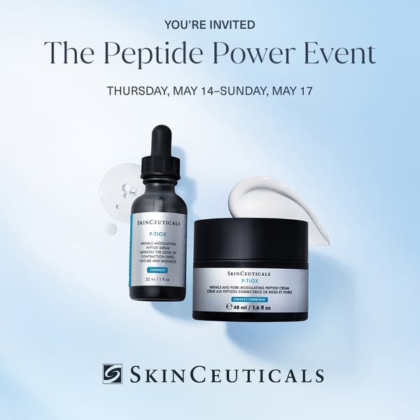 This image ad by SkinCeuticals invites the viewer to The Peptide Power Event which will take place from Thursday, May 14
