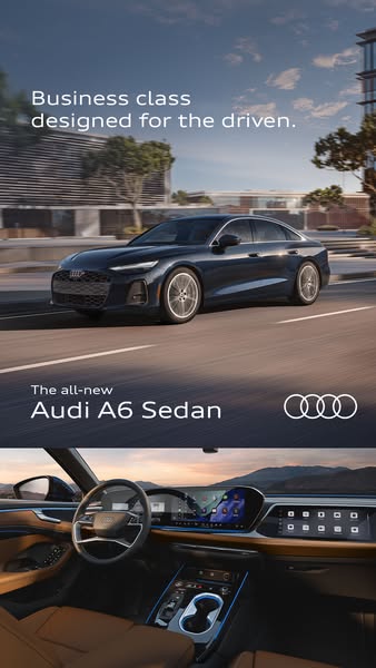 This ad showcases the Audi A6 Sedan. It highlights the car's exterior design and interior features, targeting a prof