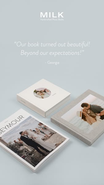This image ad for MILK Handcrafted Photo Books features a customer testimonial and showcases three different photo books