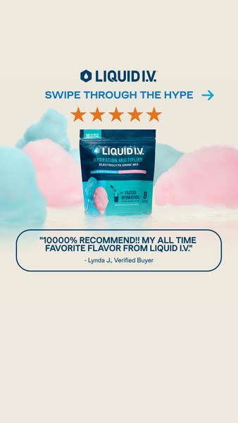 This ad promotes Liquid I.V. Hydration Multiplier drink mix. The ad begins with a swipe prompt, followed by five-star gr