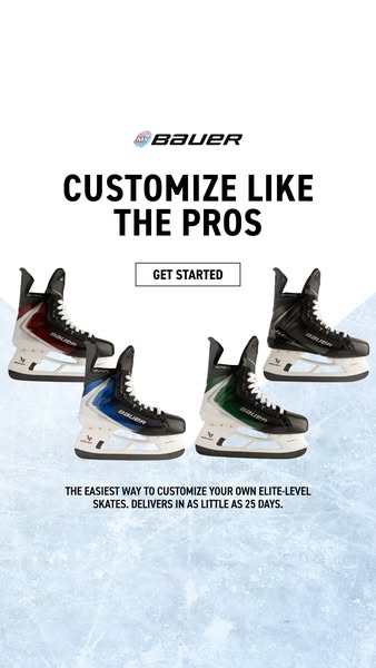 This image ad promotes Bauer's custom elite-level skates, highlighting the ease of customization and a delivery time