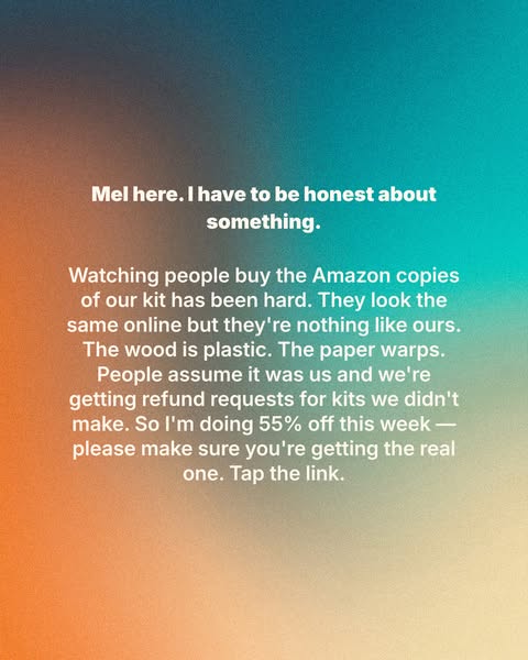 The ad is from a brand owner of a craft kit who is addressing the issue of Amazon selling copies of their kits. The owne