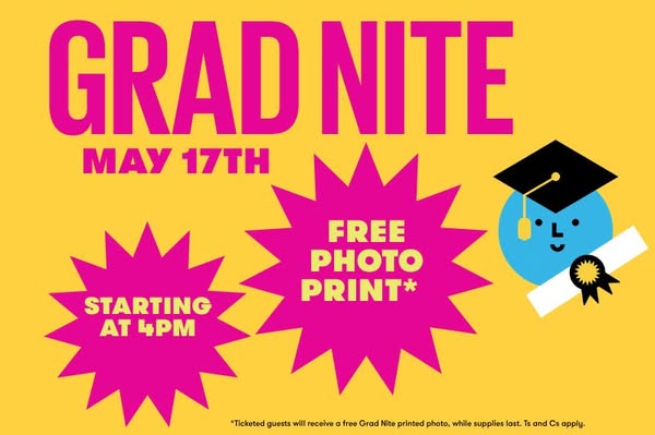 This image ad promotes a 'Grad Nite' event scheduled for May 17th, starting at 4 PM. Ticketed guests are offered
