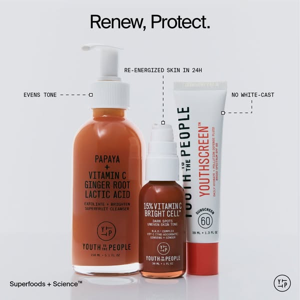 The ad promotes Youth to the People skincare products, emphasizing their ability to renew and protect skin. It highlight