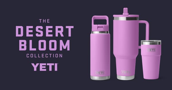 A promotional ad for the YETI Desert Bloom Collection featuring a water bottle, mug, and tumbler.