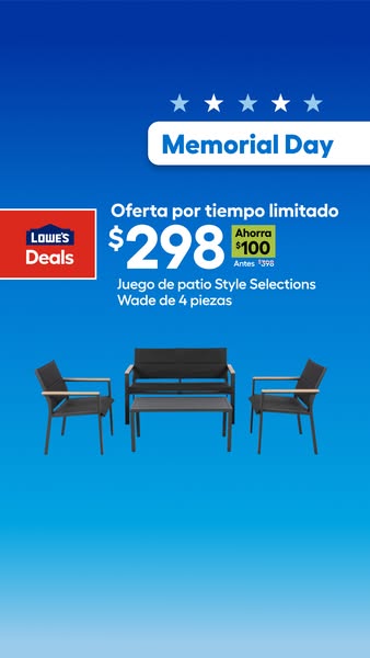 This ad promotes Lowe's Memorial Day sale on a Style Selections Wade 4-piece patio set, offering a limited-time disc