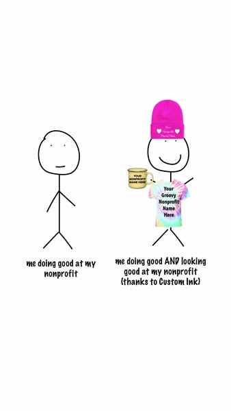 The image ad contrasts a simple stick figure representing someone at their nonprofit with a stylishly branded version of