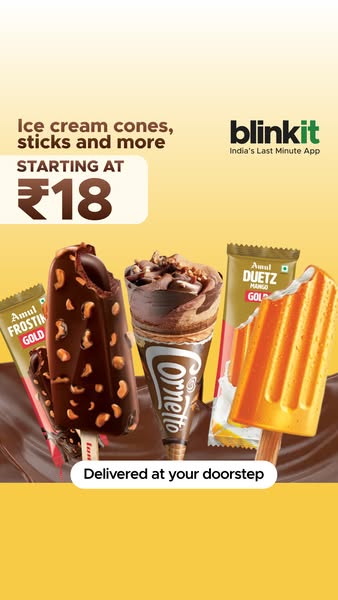 This ad promotes ice cream cones and sticks for the brand Blinkit, emphasizing the starting price of ₹18 and offering de