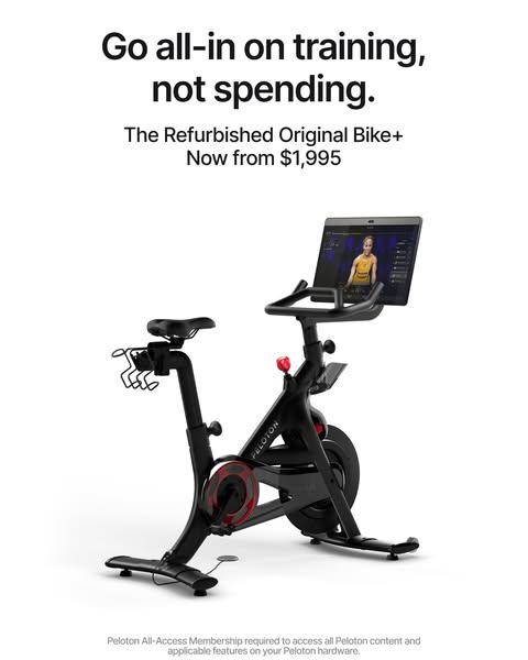 This ad for Peloton promotes a refurbished Original Bike+ with savings. The image shows the product in front of a solid 