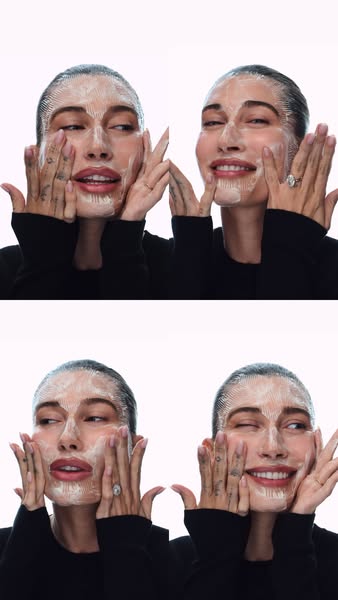 An ad promoting a cleanser. The image shows four frames of the model applying and smiling while applying the cleanser.