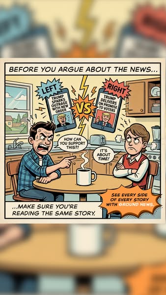 This image ad uses a comic book visual style to highlight the problem of political polarization and present Ground News 