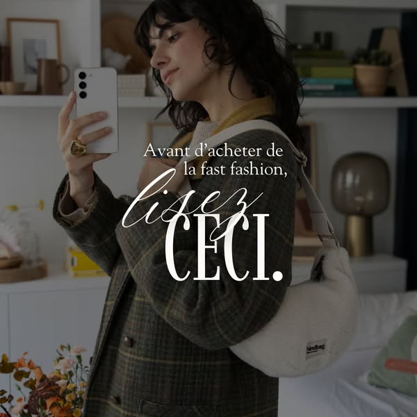 This ad encourages the viewer to consider secondhand clothing before purchasing fast fashion items by directing them to 