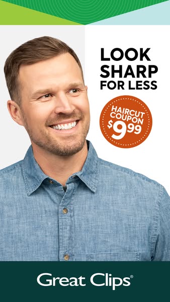 This image ad promotes Great Clips by featuring a man with a fresh haircut and a limited-time offer of a $9.99 haircut c