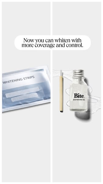 This image ad for Bite promotes their teeth whitening products. The ad showcases both whitening strips and whitening gel