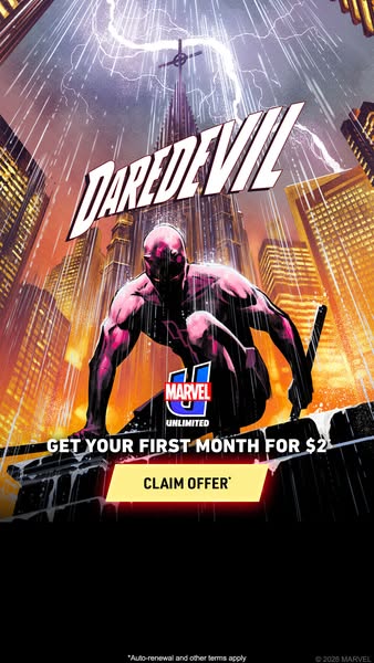 This is a promotional image for Marvel Unlimited featuring Daredevil and a discounted price for the first month of subsc