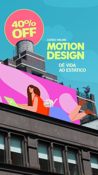 The ad promotes an online motion design course, offering a 40% discount. It features an illustration of a woman working 