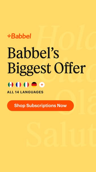 This image ad promotes Babbel's biggest offer, encouraging users to shop subscriptions now. The ad features a bright