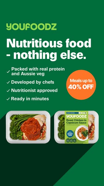 The image ad promotes Youfoodz, a brand that sells nutritious, ready-made meals. The ad highlights the meals' ingred