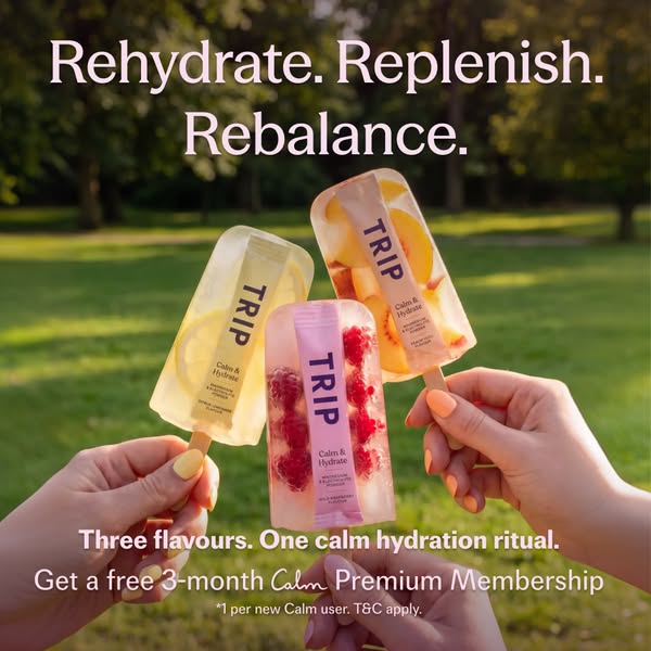 An ad for TRIP CBD-infused drinks features three ice pops containing CBD and various fruits. It emphasizes hydration, ca