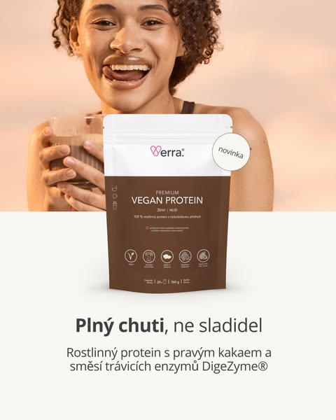 This ad features Verra Vegan Protein powder. It shows a woman smiling while holding a glass of a prepared shake, alongsi