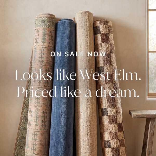 This ad features a stack of rolled rugs next to a small table and window, and claims the products have the style of West