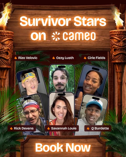 This image ad promotes Cameo, featuring a wooden sign in a jungle-like environment that features 6 Survivor cast members