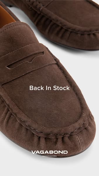 This image ad features a close-up view of Vagabond Shoemakers loafers, highlighting that they are back in stock.