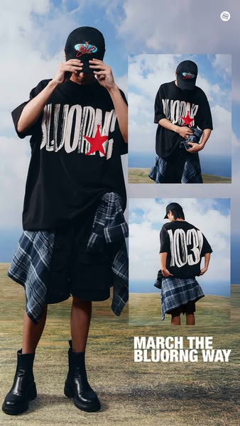 This ad features a person in an outdoor setting wearing a hat and t-shirt from BLUORNG. The image is stylized with float