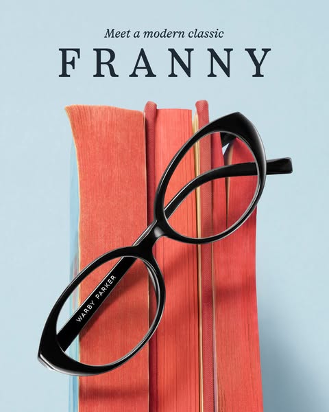 This ad showcases the 'Franny' glasses from Warby Parker. The image emphasizes the glasses' style and design