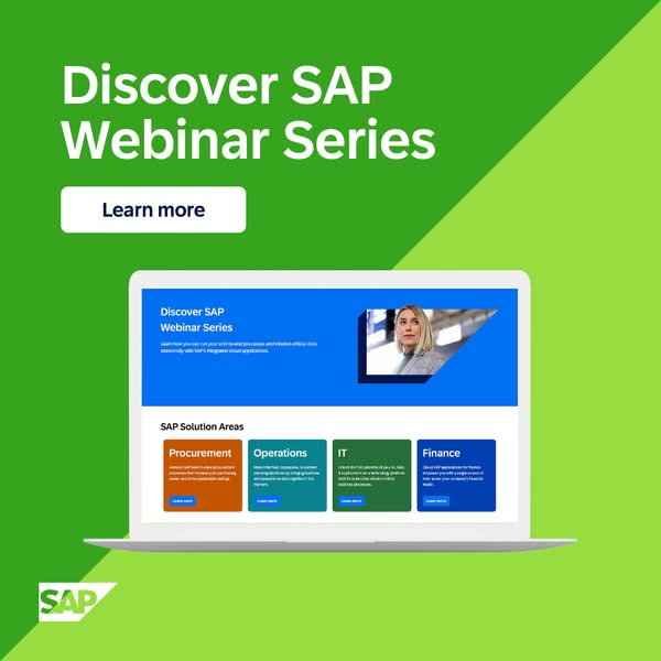 This ad promotes the SAP Webinar Series and highlights their solutions in procurement, operations, IT, and finance.