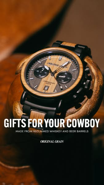 This image ad from Original Grain highlights the brand's watches that are made from reclaimed whiskey and beer barre