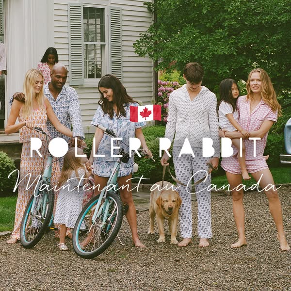 A lifestyle photo showcasing a range of Roller Rabbit pajamas and loungewear, celebrating their availability in Canada. 