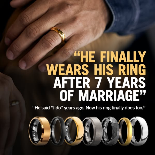This image ad features a testimonial about Bridge wedding rings alongside an image of a man's hand wearing a gold we