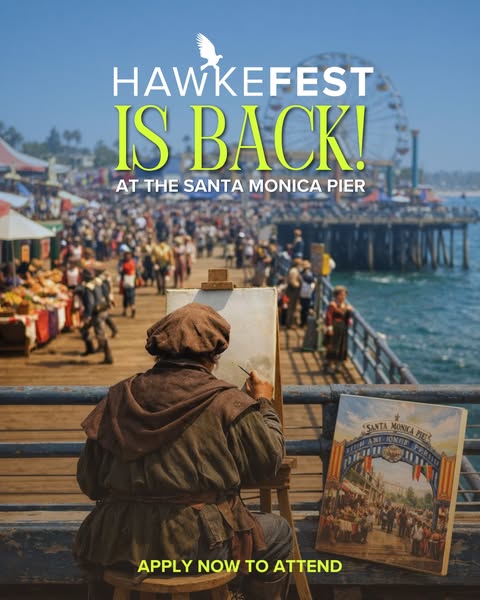 This image ad promotes the HawkeFest event at the Santa Monica Pier. The ad features an artist painting a picture of the