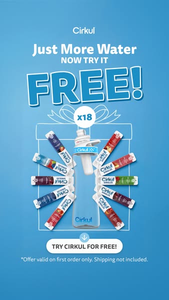This ad for Cirkul promotes a free trial offer. The ad features the Cirkul bottle and several flavor cartridges.