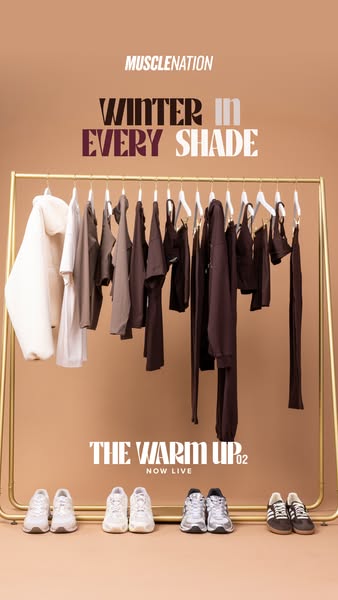 An advertisement for Muscle Nation featuring an array of clothing items and shoes from their 'The Warm Up' colle
