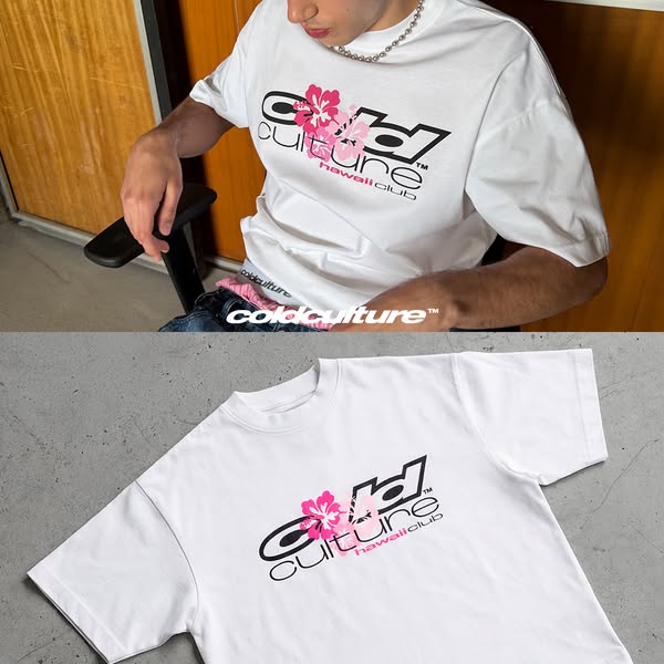 This ad showcases a white t-shirt with a black logo featuring a pink flower, targeting a trendy audience with a focus on