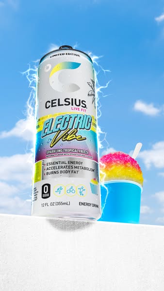 This Celsius ad showcases their Electric Vibe flavor against a bright sky background with an accompanying snow cone. The