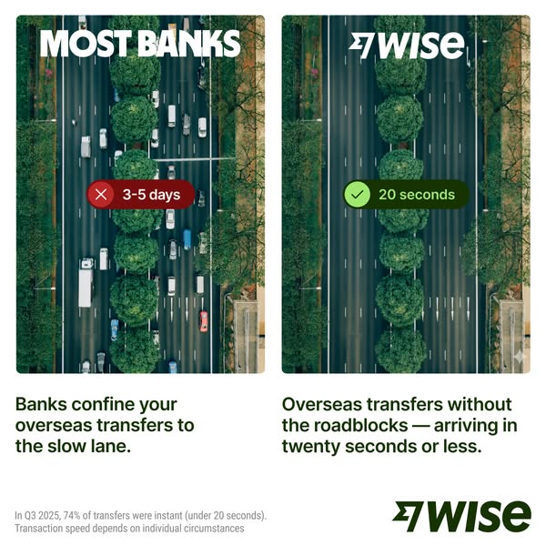 This comparison ad highlights the speed and efficiency of Wise for overseas transfers compared to traditional banks, usi